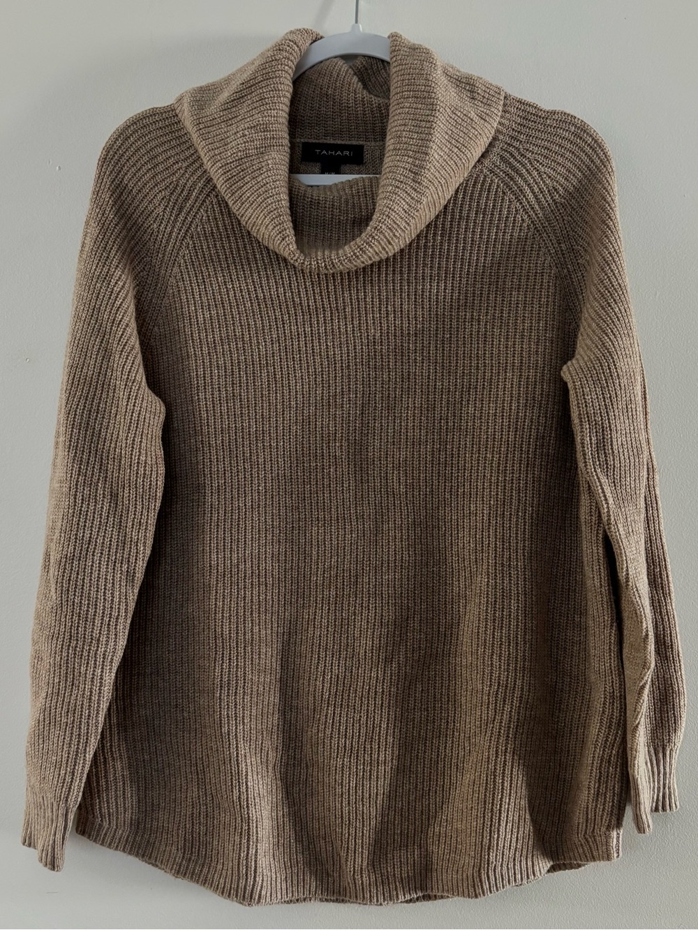 Tahari Merino Wool Taupe Cowl Neck Ribbed Sweater size M